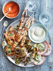 char-grilled seafood platter with romesco and aioli  Contemporary York Deli Sandwich chargrilled seafood platter