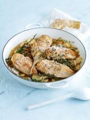 rooster in white wine with lemon potatoes