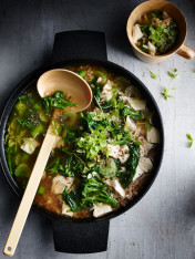 chicken and spelt soup with greens