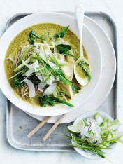 rooster and broccolini curry with cucumber and coconut salad