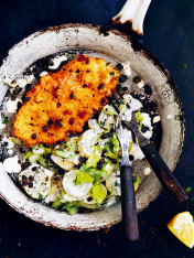 chicken schnitzel with dill potato salad and crispy capers