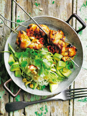 chilli rooster skewers with noodle and avocado salad