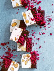 chocolate and raspberry dipped nougat