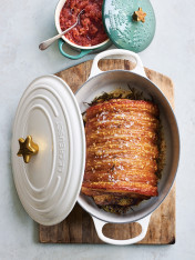 Christmas pot-roasted porchetta with cheat’s apple and juniper relish