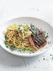 creamy broccoli and parsley pasta with pan-seared salmon