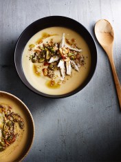 creamy cauliflower, chicken and split pea soup with spiced seeds