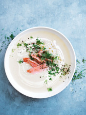 creamy potato and sauerkraut soup with hot smoked salmon