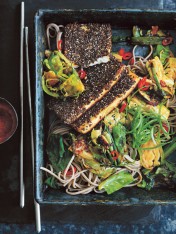 crispy chia tofu and brussels sprouts stir-fry