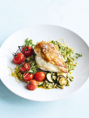crispy-skinned lemon chicken with pearl couscous, roasted tomatoes and zucchini