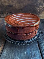 double layer fudgy chocolate cake with ganache icing