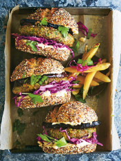 falafel burgers with pickled red cabbage and baba ghanoush