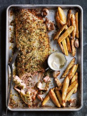 fennel and herb-crusted salmon with garlic potatoes