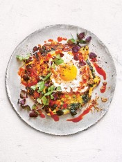 fried eggs with corn fritters and chilli sauce