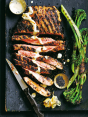ginger and miso marinated flank steak with charred broccolini