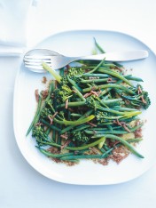 green beans and broccolini with bacon-balsamic dressing