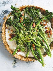 grilled broccolini and labne almond tart