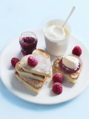 heart-shaped pikelets with jam and cream