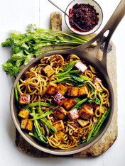 honey soy tofu with udon noodles