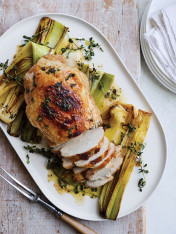 lemon-brined turkey breast with caramelised thyme leeks