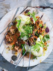 lemongrass pork skewers with pea and rice noodle salad