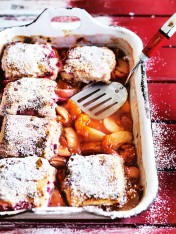 mixed stone fruit cobbler with raspberry and buttermilk biscuit