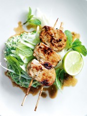 mustard and fennel pork skewers with pea hummus