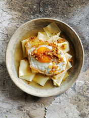 parmesan broth with rag pasta and crispy fried egg