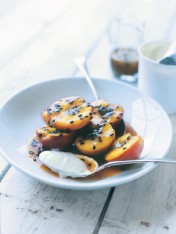 poached fruit in passionfruit syrup