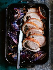 prune-stuffed crispy pork with roasted red cabbage