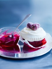red velvet cupcakes with sugared cranberries