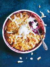 rhubarb, blackberry and toasted coconut cobbler