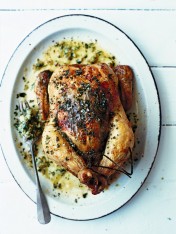 roasted rooster with herb sauce and tale salt