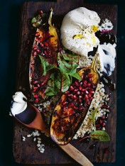 roasted eggplant with pearl barley, labne and pomegranate