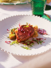Sage and pancetta-wrapped beef fillet with confit leeks