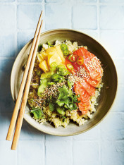 salmon, wasabi and matcha sushi bowl  Chilli And Lime Fish Cakes With Cucumber Salad salmon wasabi and matcha sushi bowl