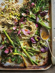 sesame and nori roasted broccolini with green tea noodles