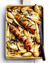 pancetta-wrapped roast pork with pear and fennel