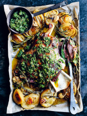 slow-cooked garlic and onion lamb with salsa verde