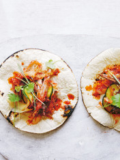 slow-cooked kimchi brisket tortillas with kimchi cucumber