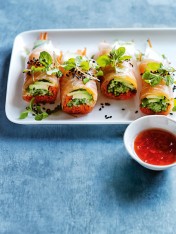 smoked salmon, avocado and pickled chilli rice paper rolls