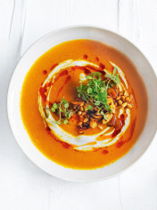 spiced carrot soup with harissa nuts