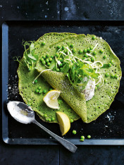 spinach crepes with goat’s curd and zucchini and pea salad