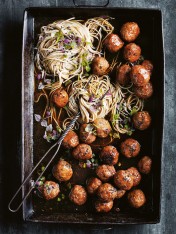 sticky sesame and ginger pork meatballs with soba noodles
