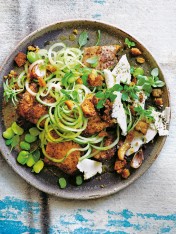 sumac chicken with broad beans, cucumber and feta