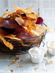 sweet potato and yam chips with hot mustard dipping sauce