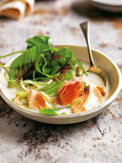 thai coconut soup with salmon and en choy