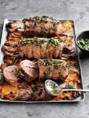 thyme-roasted lamb with sweet potato and oregano salsa verde