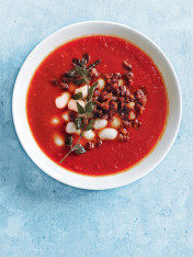 tomato, crispy chorizo, gnocchi and oregano soup