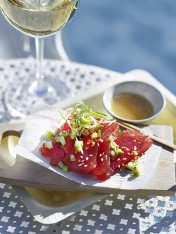 tuna sashimi with cucumber and ginger sesame dressing