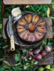 upside-down chocolate, hazelnut and pear cake
